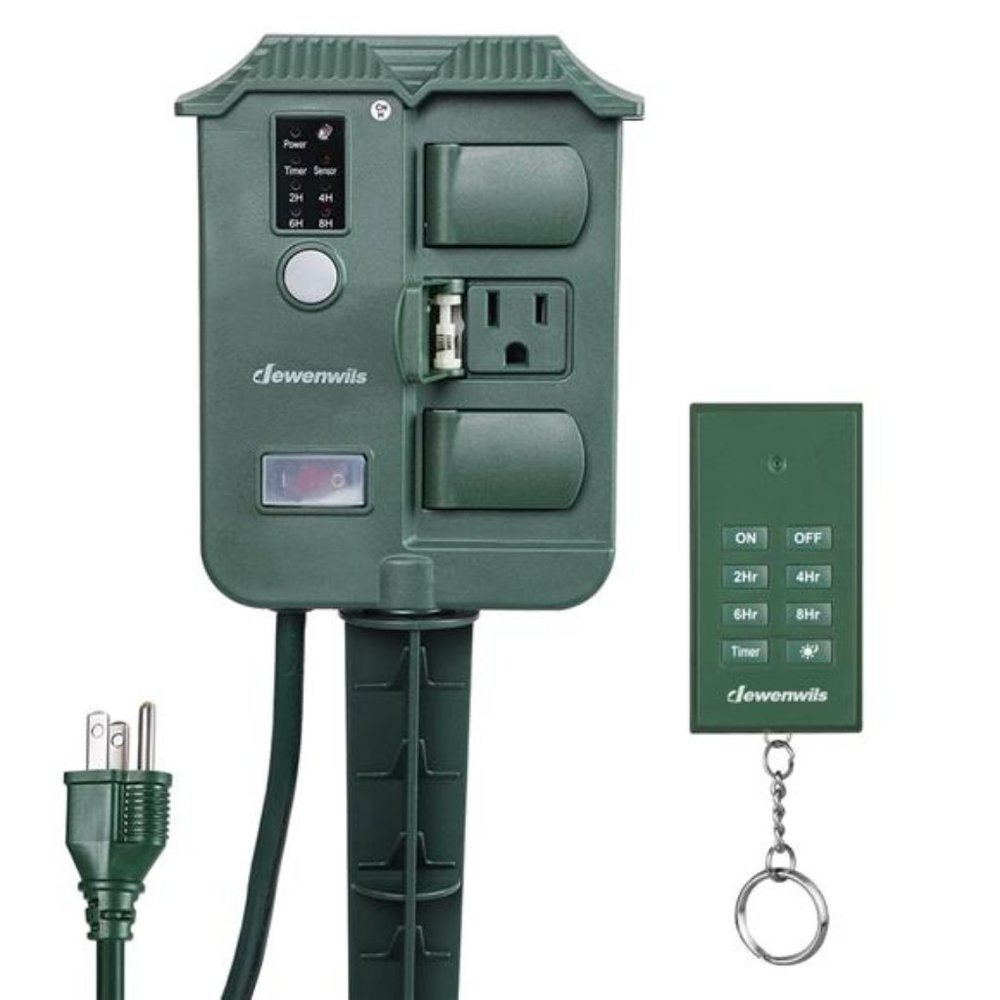 Outdoor Power Stake Timer Waterproof, 100FT Wireless Remote Control, 6 Outlets